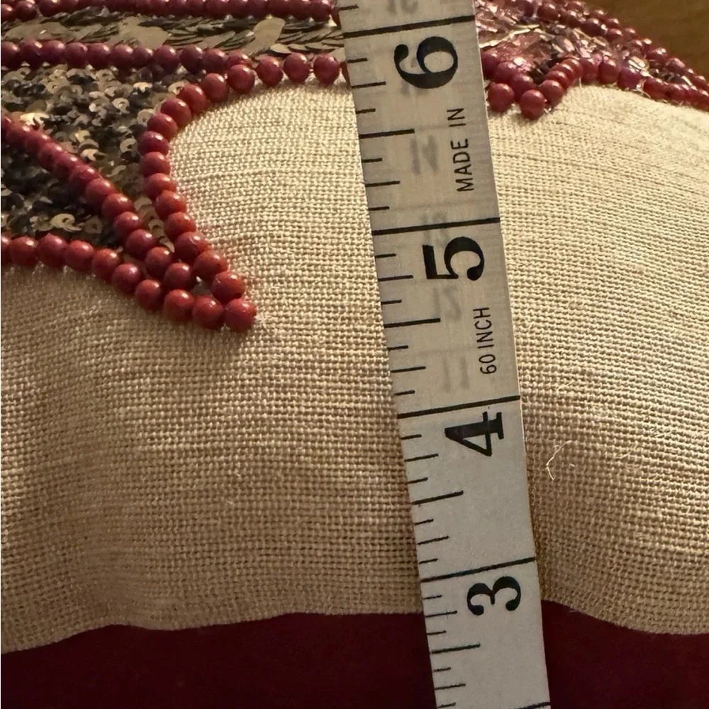 PIER 1 Pillow 15x15 Tan Red Canvas Sequined Beaded Holiday Maple Leaf Fall Decor